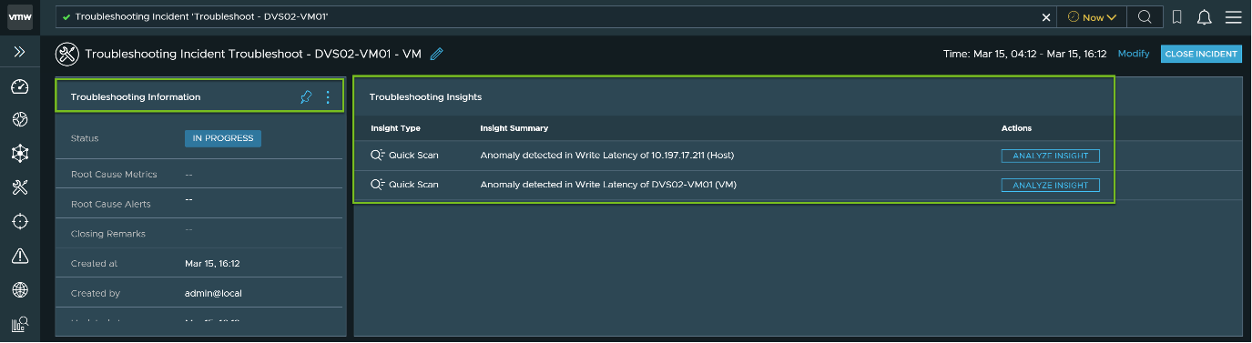 The Troubleshooting Information and Troubleshooting Insights widgets of the Troubleshooting Incidents screen.